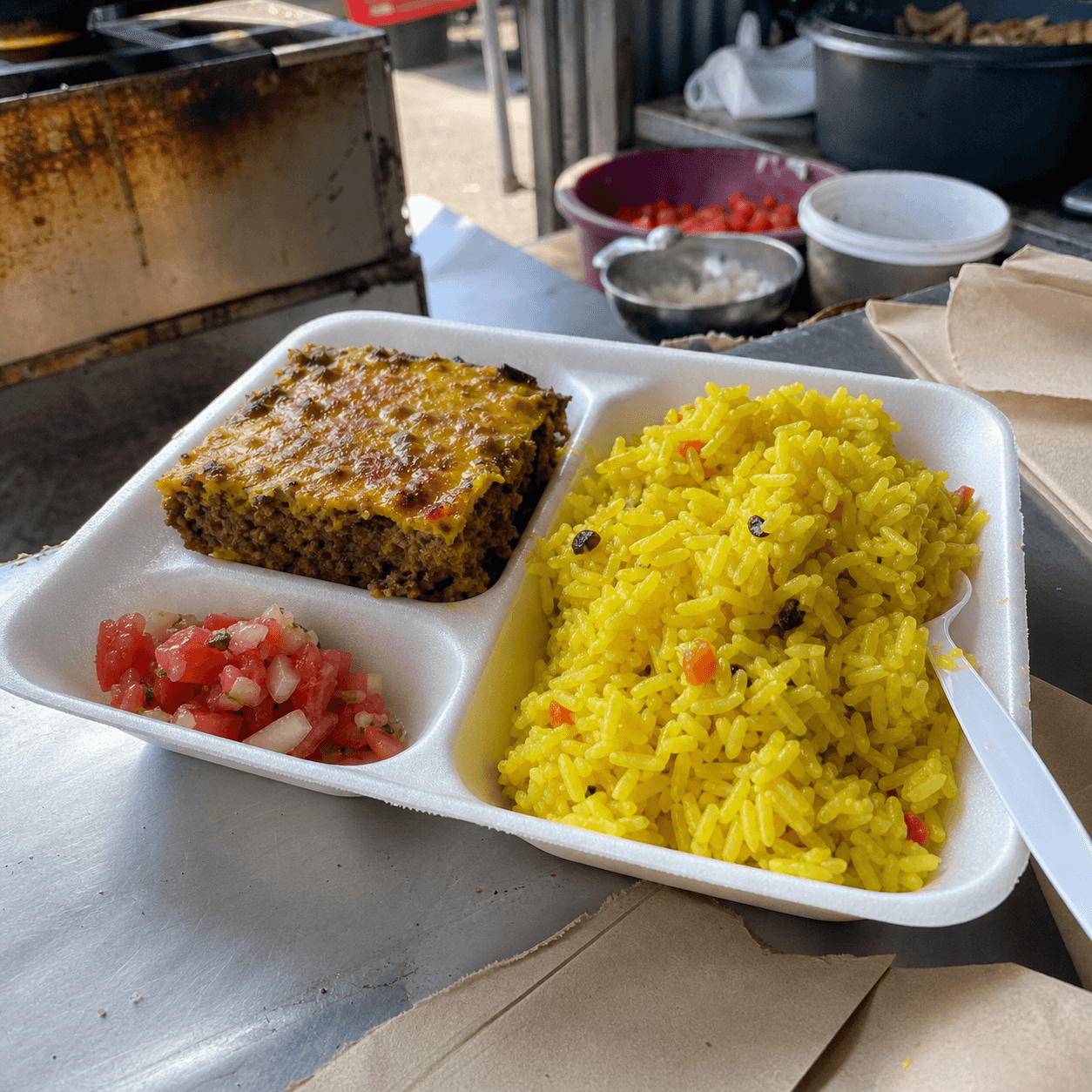 Cape Malay bobotie and yellow rice from a local market stall