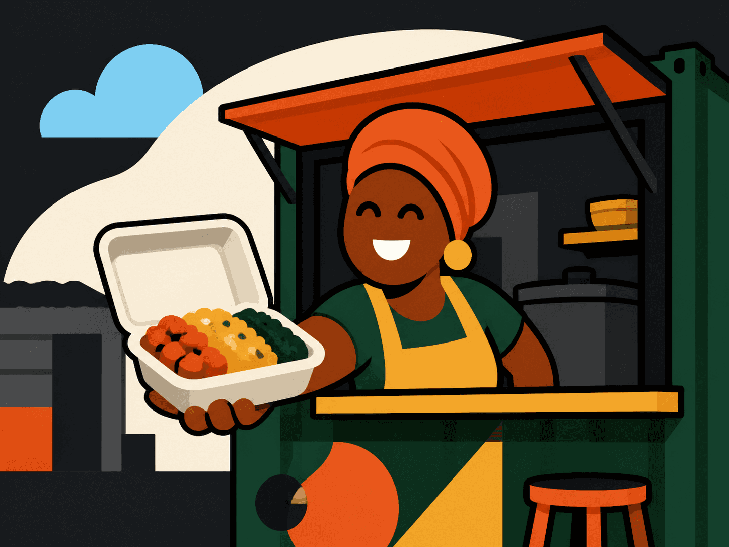 A local food vendor serving a freshly prepared takeaway meal from a township container kitchen