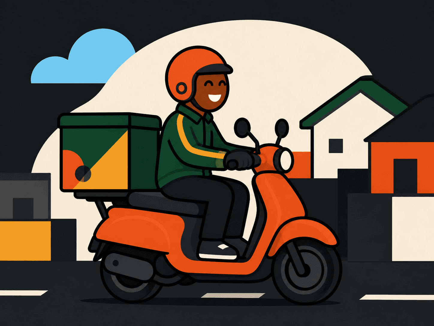 A helmeted StreetPlate delivery partner riding a scooter through a township neighbourhood